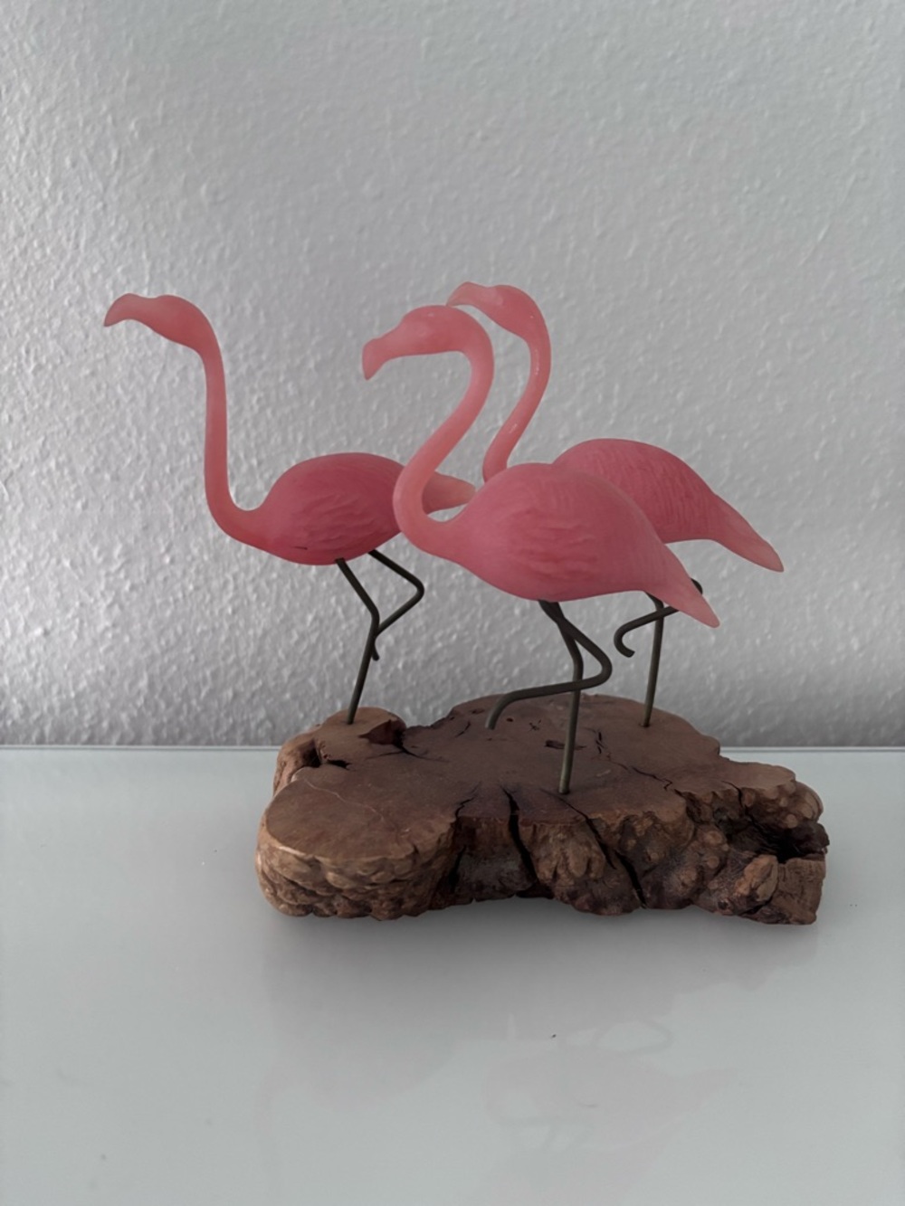 Mid-Century 3 Pink Flamingos Mounted Carved Wood Vintage
